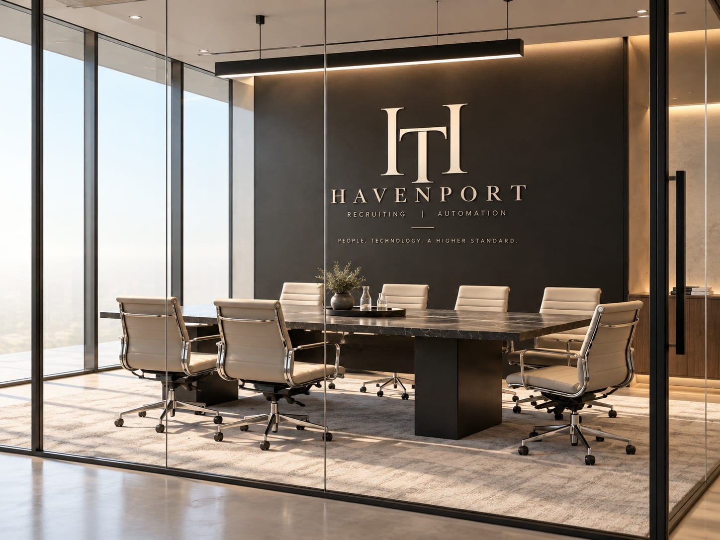 Havenport-Meetingraum mit dem Havenport-Logo an der Wand