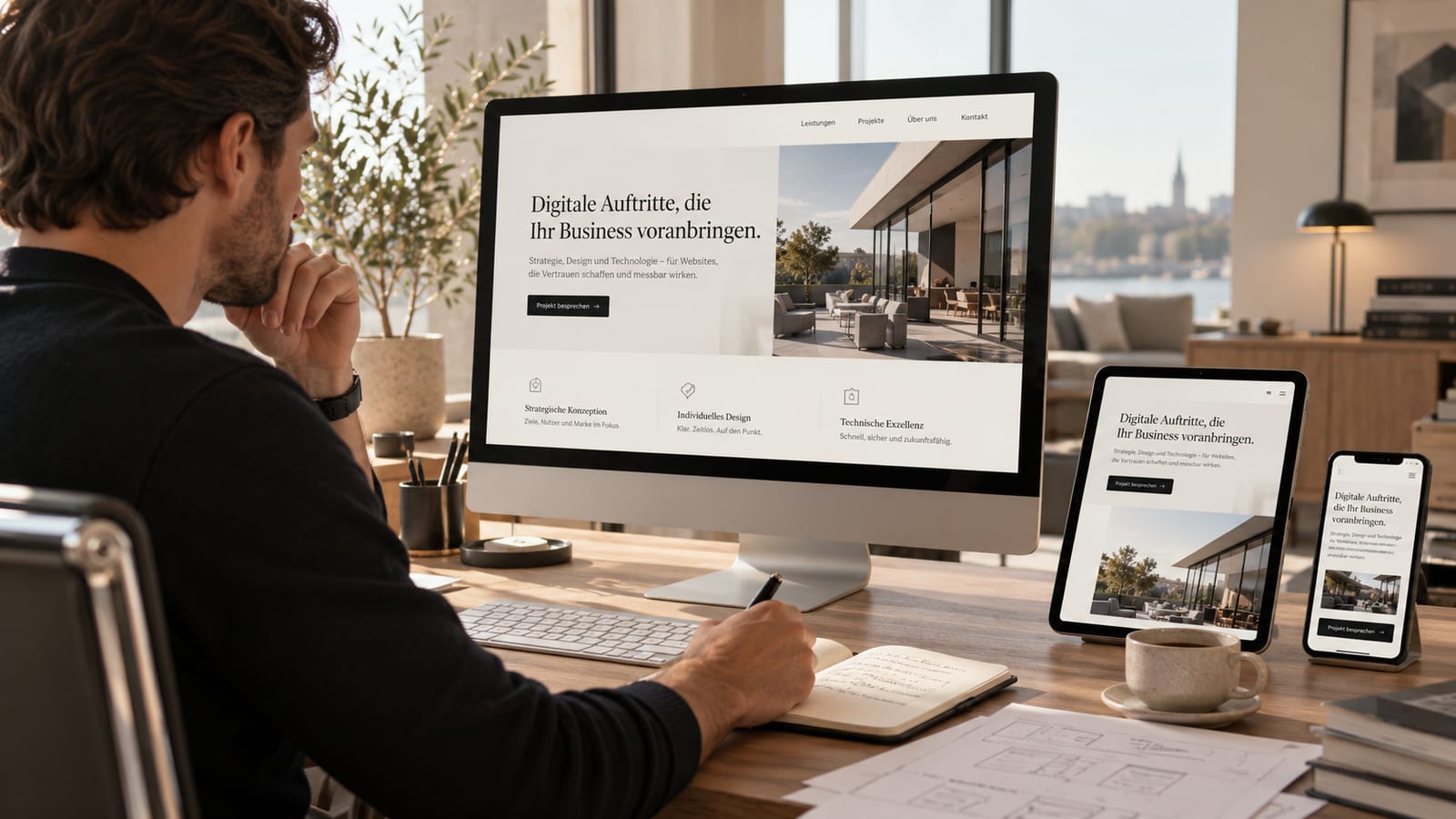 Arbeitsplatz mit Monitor, Tablet und Smartphone, die dieselbe Unternehmenswebsite zeigen