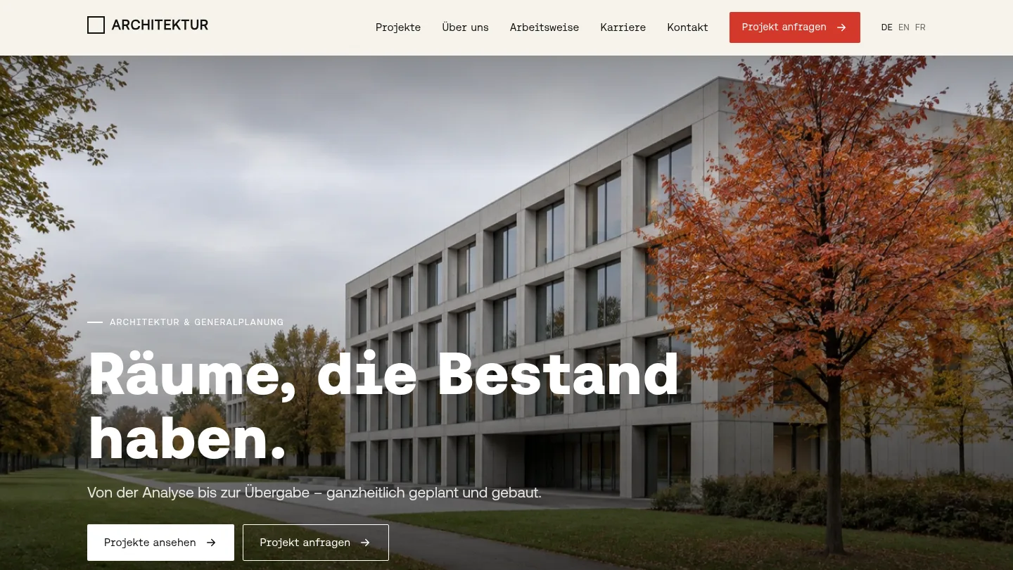 Redesign-Konzept Architekturbüro: Startseite auf dem Desktop