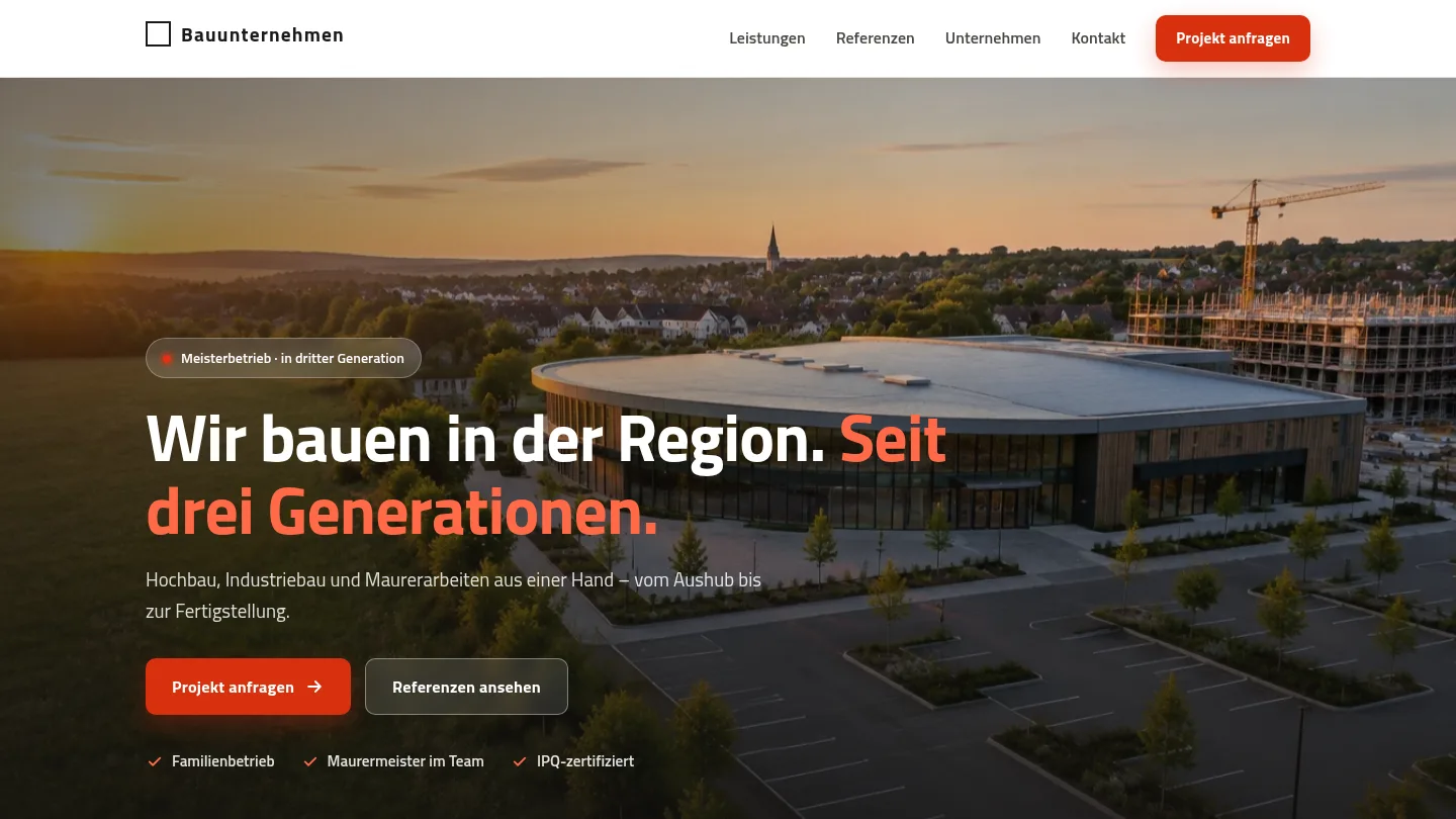 Redesign-Konzept Bauunternehmen: Startseite auf dem Desktop
