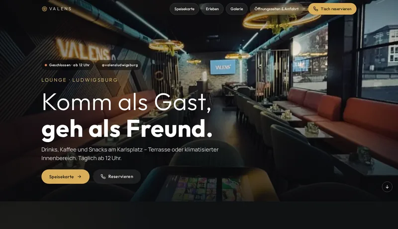 Website der Valens Lounge in Ludwigsburg